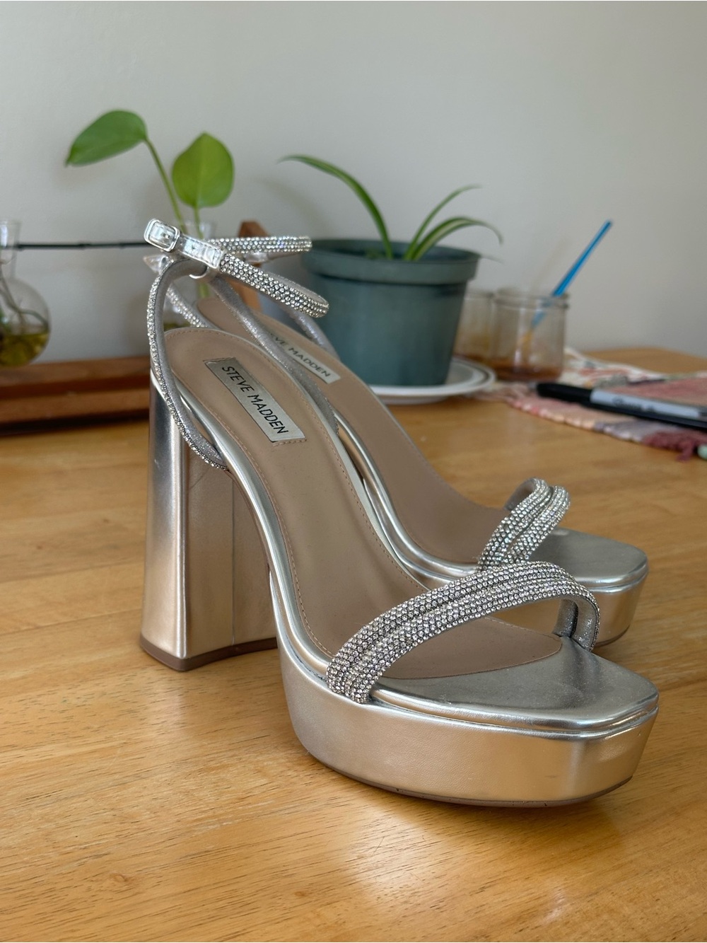 Steve Madden Metallic Silver Rhinestone Platform Heels